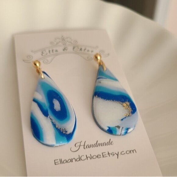 HandCrafted Gold Blue White Agate Gemstone Resin Large Tear Drop Dangle Earrings - Picture 8 of 8
